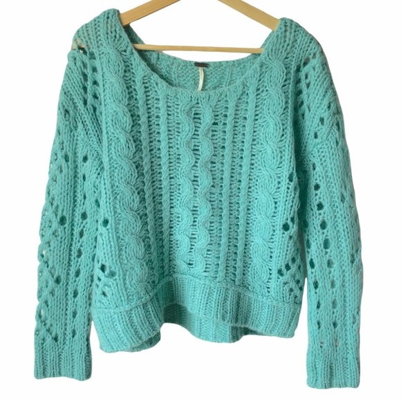 Free People Women’s Fluff Oversized Cable Knit Lace Sweater Mint Green XS - Picture 2 of 12